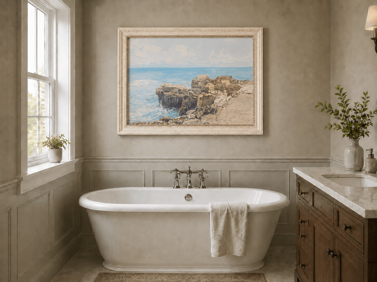 Peinture à l'huile de paysage - Gouffre rocheux spectaculaire avec personnages