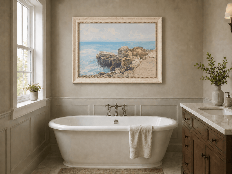 Peinture à l'huile de paysage - Gouffre rocheux spectaculaire avec personnages