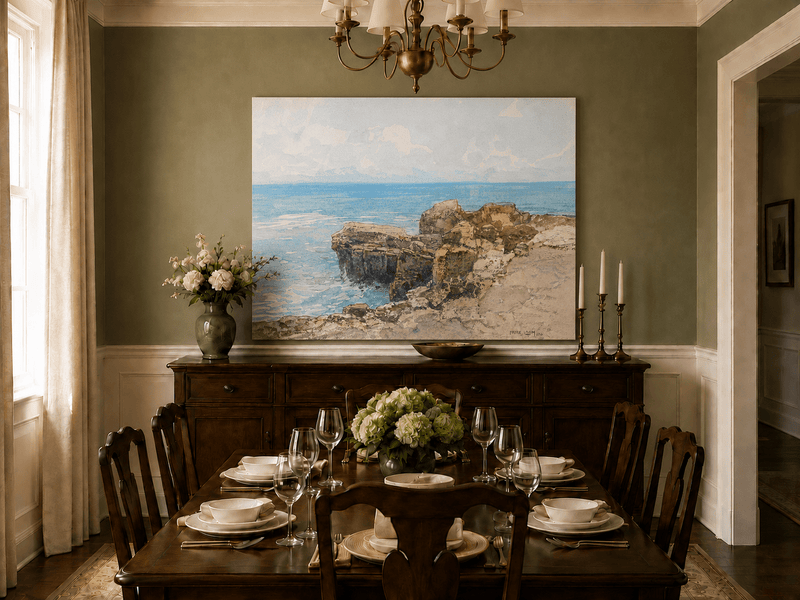 Peinture à l'huile de paysage - Gouffre rocheux spectaculaire avec personnages