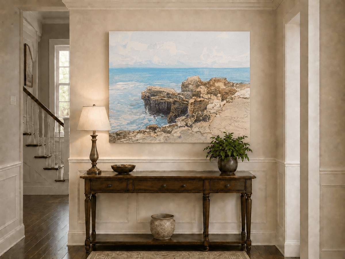 Peinture à l'huile de paysage - Gouffre rocheux spectaculaire avec personnages