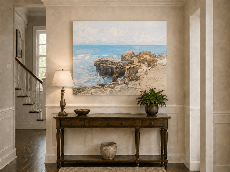 Peinture à l'huile de paysage - Gouffre rocheux spectaculaire avec personnages