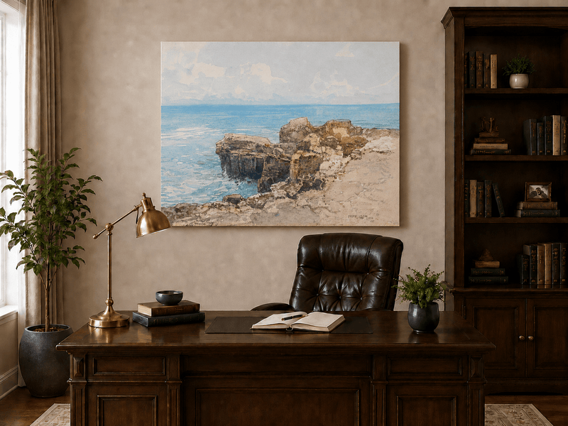 Peinture à l'huile de paysage - Gouffre rocheux spectaculaire avec personnages