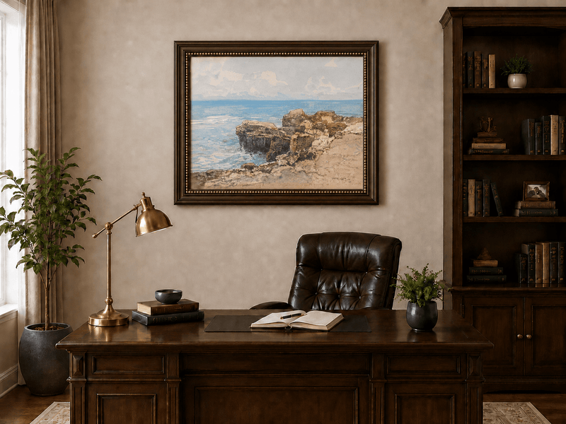Peinture à l'huile de paysage - Gouffre rocheux spectaculaire avec personnages