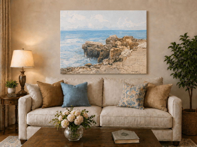 Peinture à l'huile de paysage - Gouffre rocheux spectaculaire avec personnages