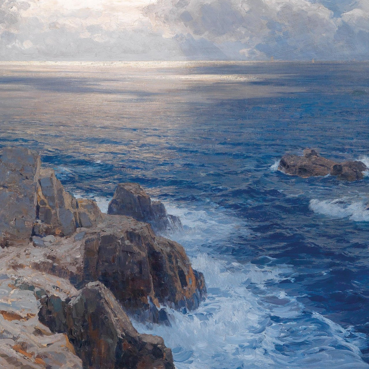 Landscape Oil Painting - Coastal cliffs & crashing waves, sunlit ocean - Oil Painting Haven