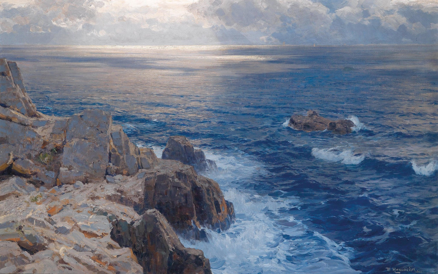 Landscape Oil Painting - Coastal cliffs & crashing waves, sunlit ocean - Oil Painting Haven