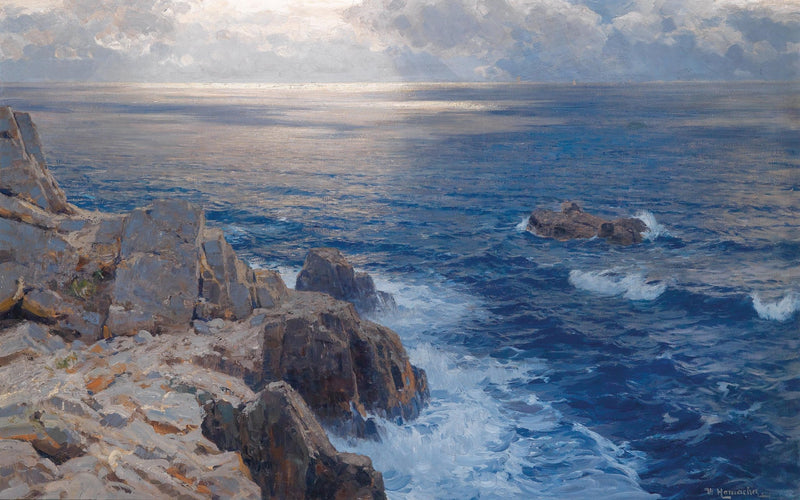Landscape Oil Painting - Coastal cliffs & crashing waves, sunlit ocean - Oil Painting Haven
