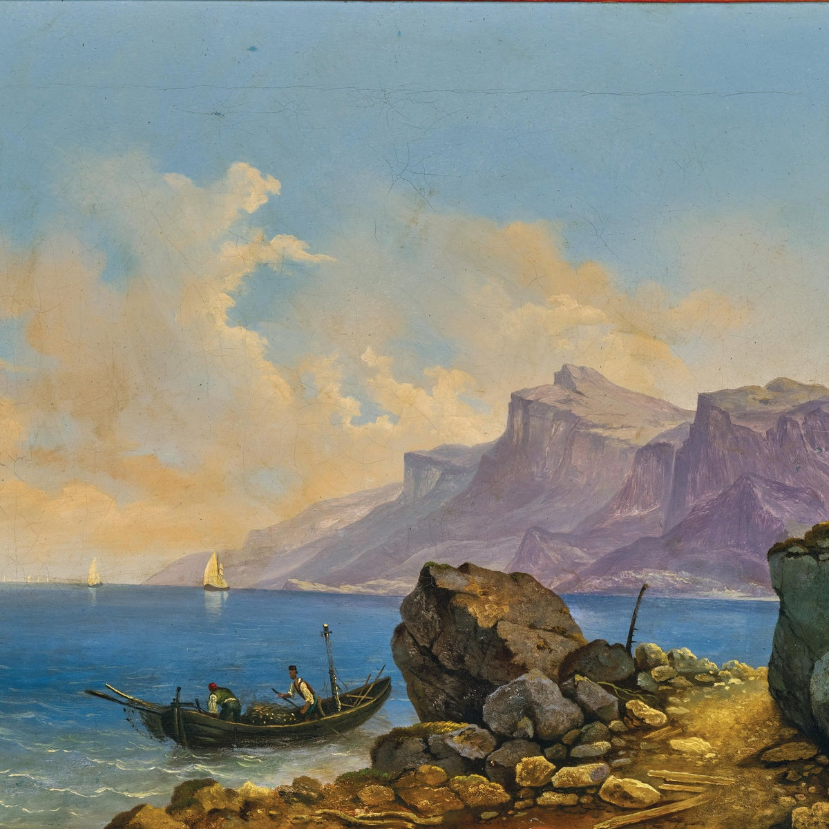 Hand-painted coastal cliffs with fishing boat landscape oil painting on canvas