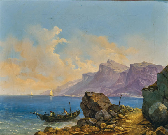 Hand-painted coastal cliffs with fishing boat landscape oil painting on canvas