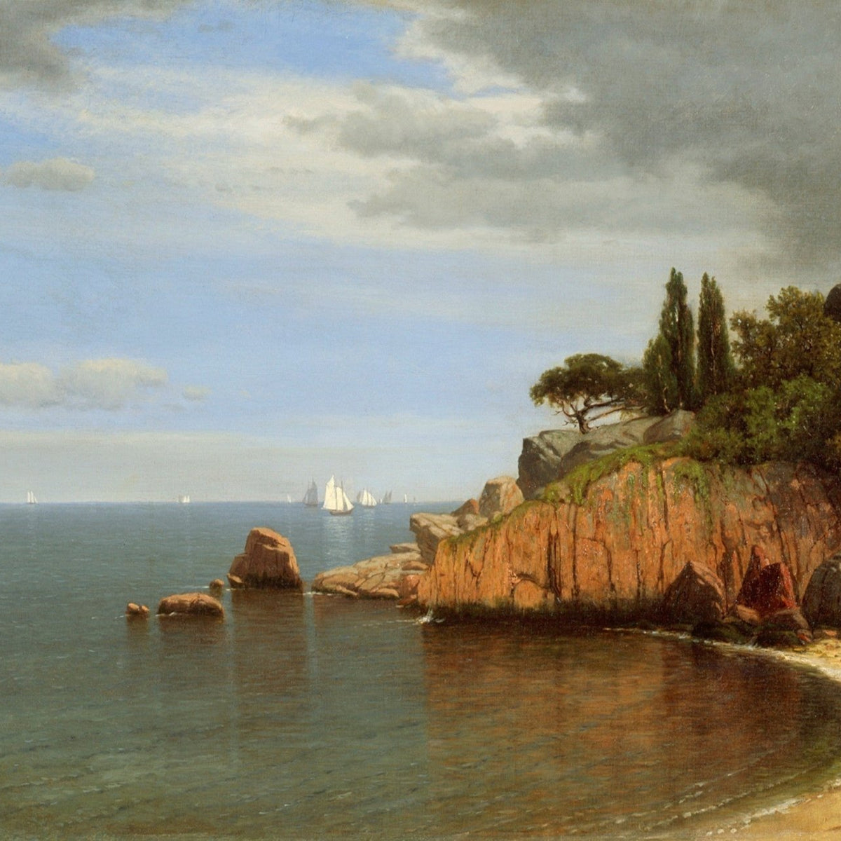 Landschaftsgemälde in Öl – Winterliche Flusslandschaft mit Figuren und Pferden