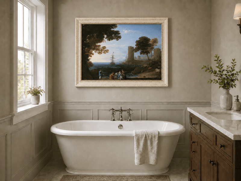 Landscape Oil Painting - Coastal Figures, Ships & Castle