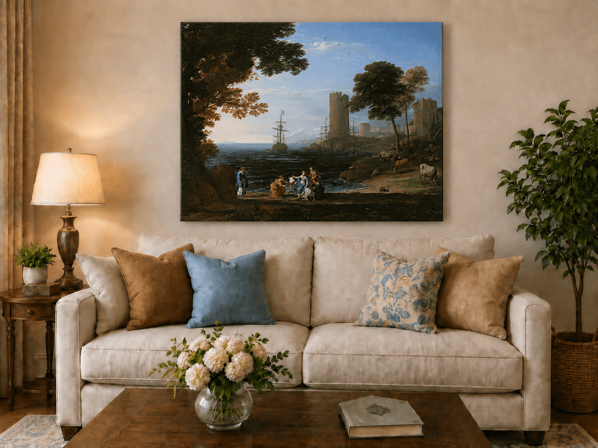 Landscape Oil Painting - Coastal Figures, Ships & Castle