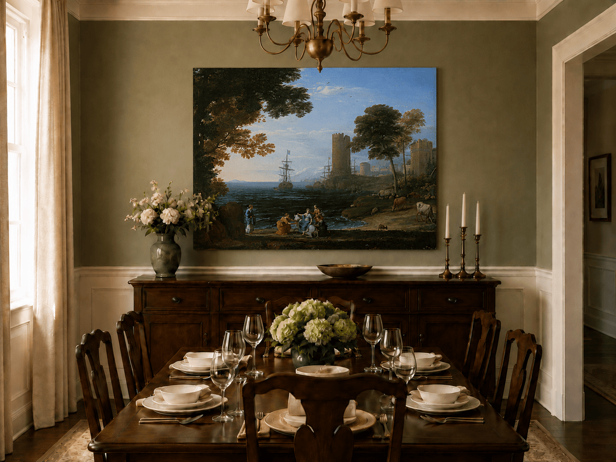 Landscape Oil Painting - Coastal Figures, Ships & Castle