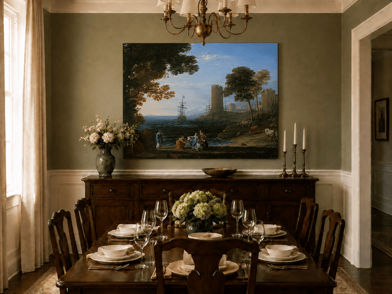 Landscape Oil Painting - Coastal Figures, Ships & Castle