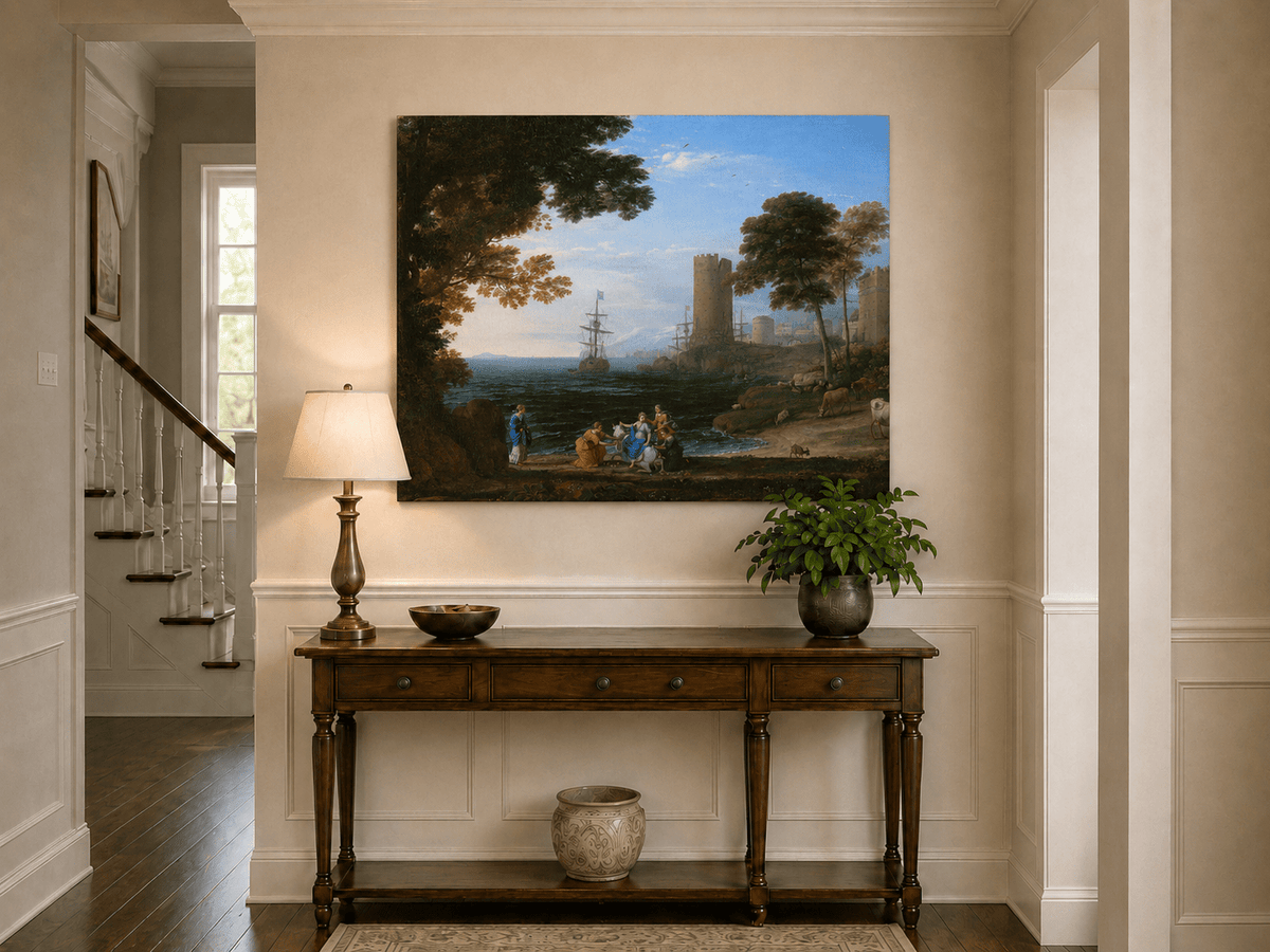 Landscape Oil Painting - Coastal Figures, Ships & Castle