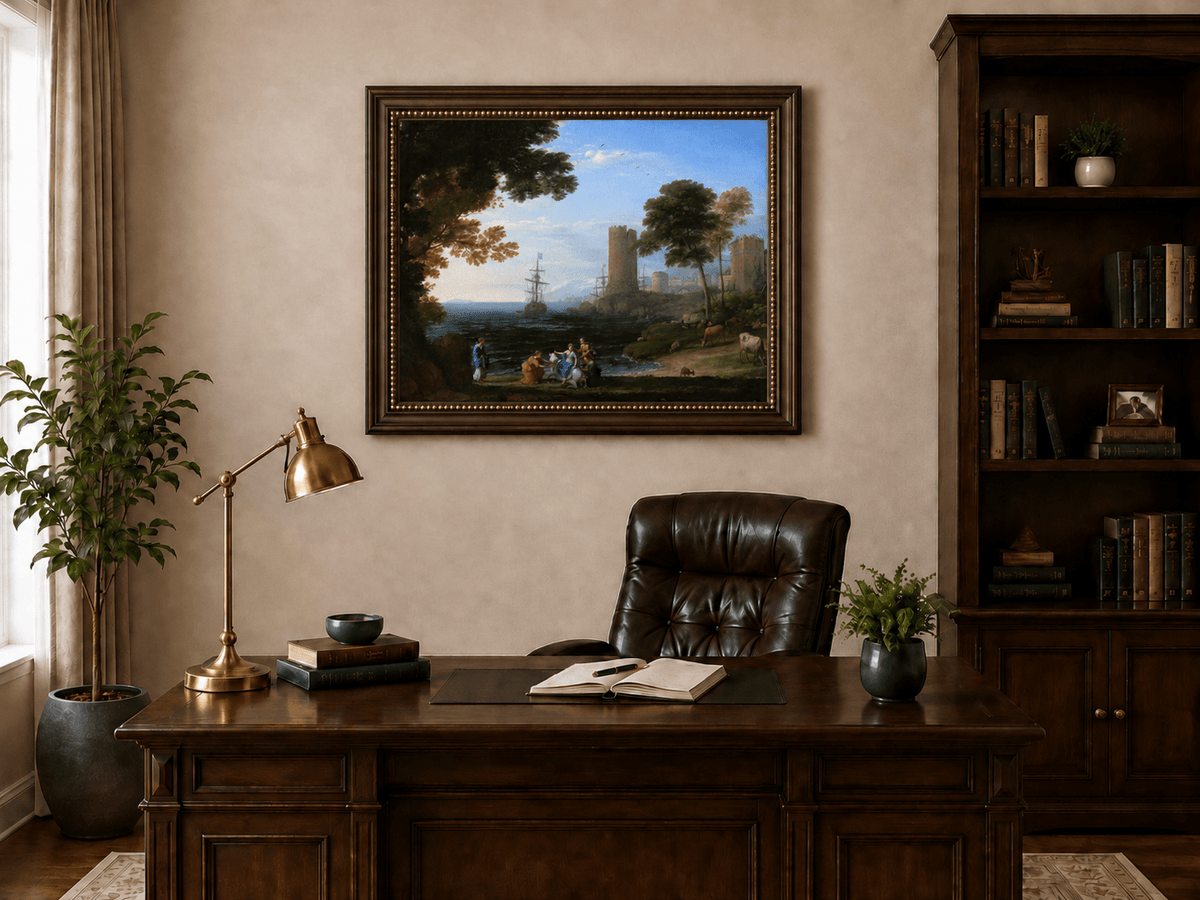 Landscape Oil Painting - Coastal Figures, Ships & Castle