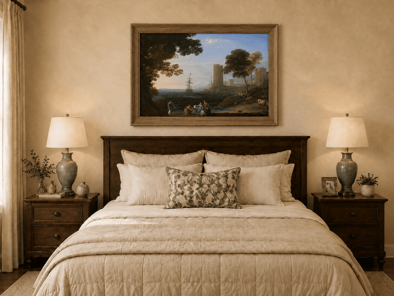 Landscape Oil Painting - Coastal Figures, Ships & Castle