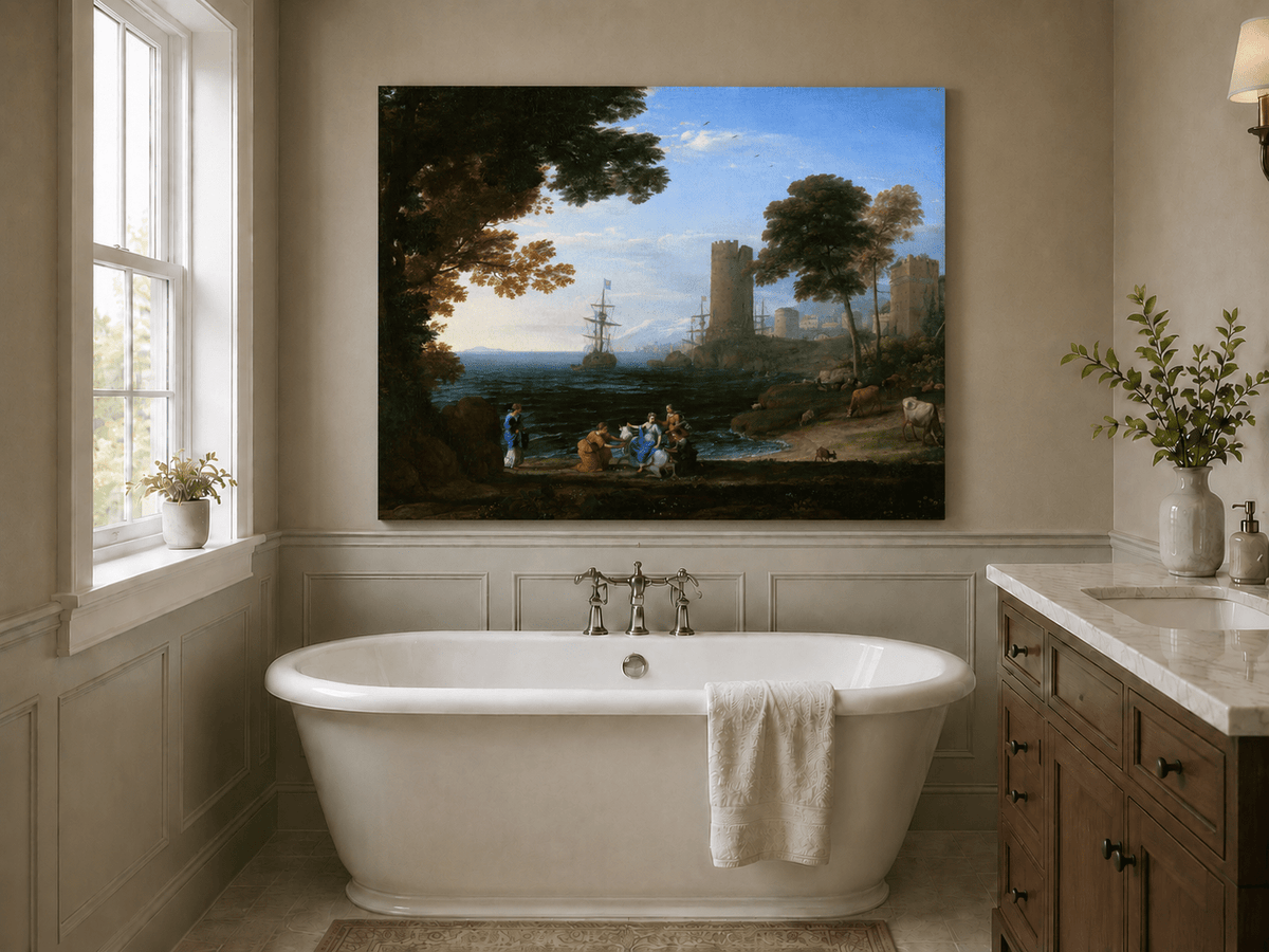 Landscape Oil Painting - Coastal Figures, Ships & Castle