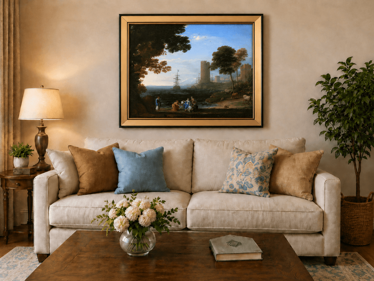 Landscape Oil Painting - Coastal Figures, Ships & Castle