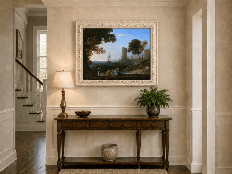 Landscape Oil Painting - Coastal Figures, Ships & Castle