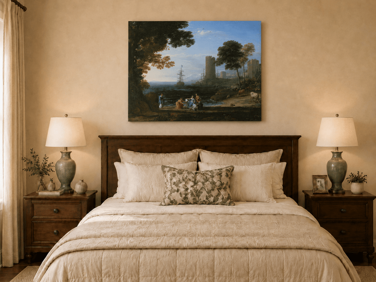 Landscape Oil Painting - Coastal Figures, Ships & Castle