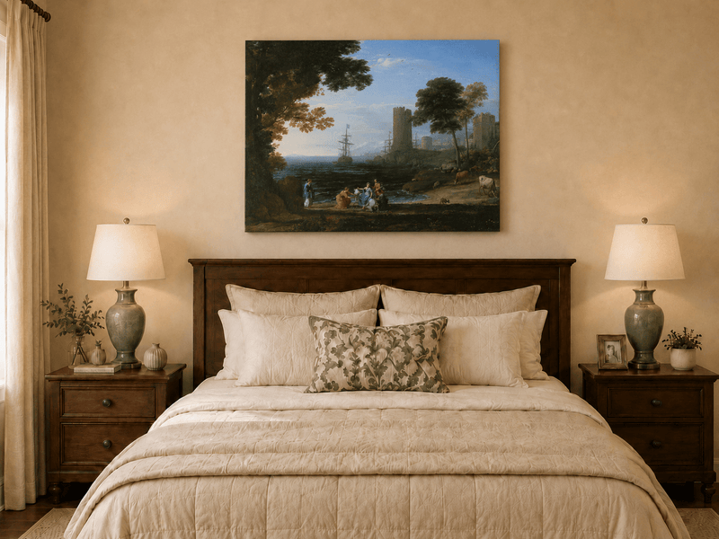 Landscape Oil Painting - Coastal Figures, Ships & Castle
