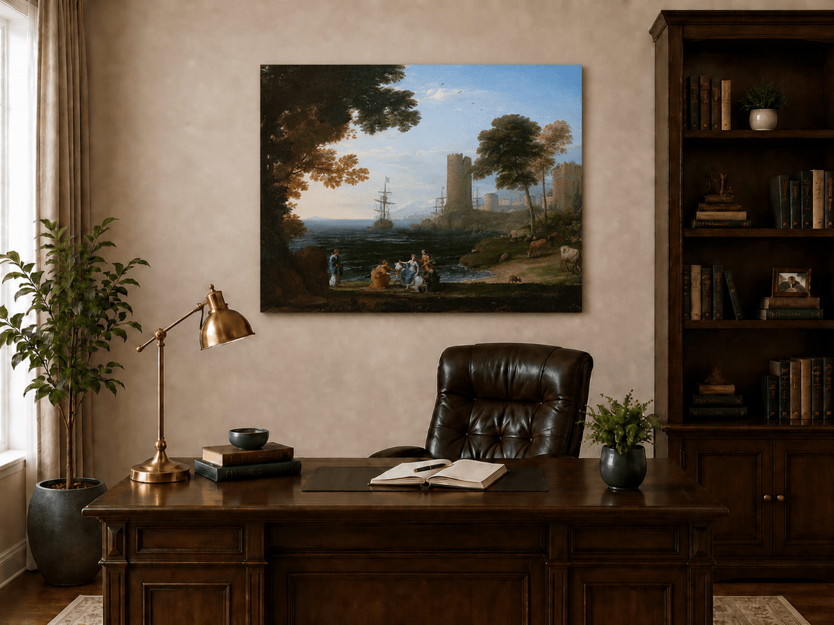 Landscape Oil Painting - Coastal Figures, Ships & Castle