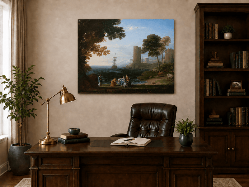 Landscape Oil Painting - Coastal Figures, Ships & Castle