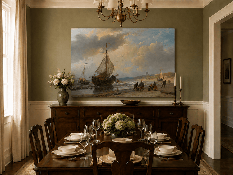 Landscape Oil Painting - Coastal Fishing Boats on Sandy Shore
