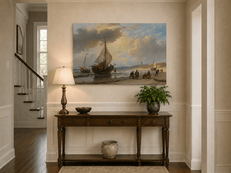 Landscape Oil Painting - Coastal Fishing Boats on Sandy Shore