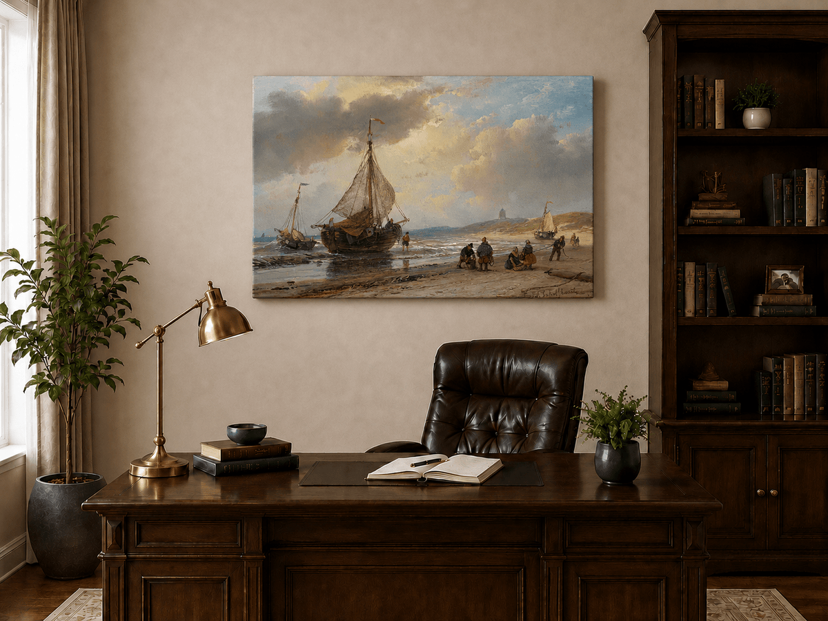 Landscape Oil Painting - Coastal Fishing Boats on Sandy Shore