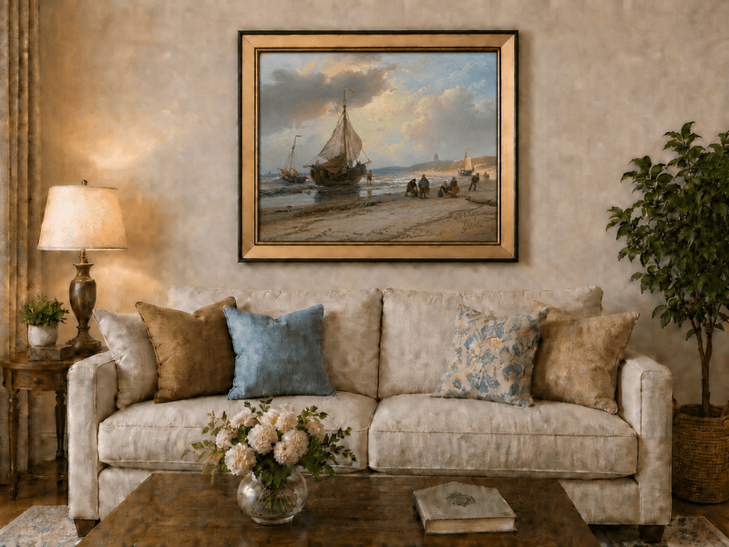 Landscape Oil Painting - Coastal Fishing Boats on Sandy Shore