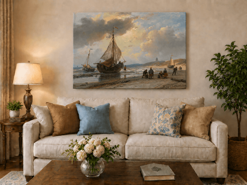 Landscape Oil Painting - Coastal Fishing Boats on Sandy Shore