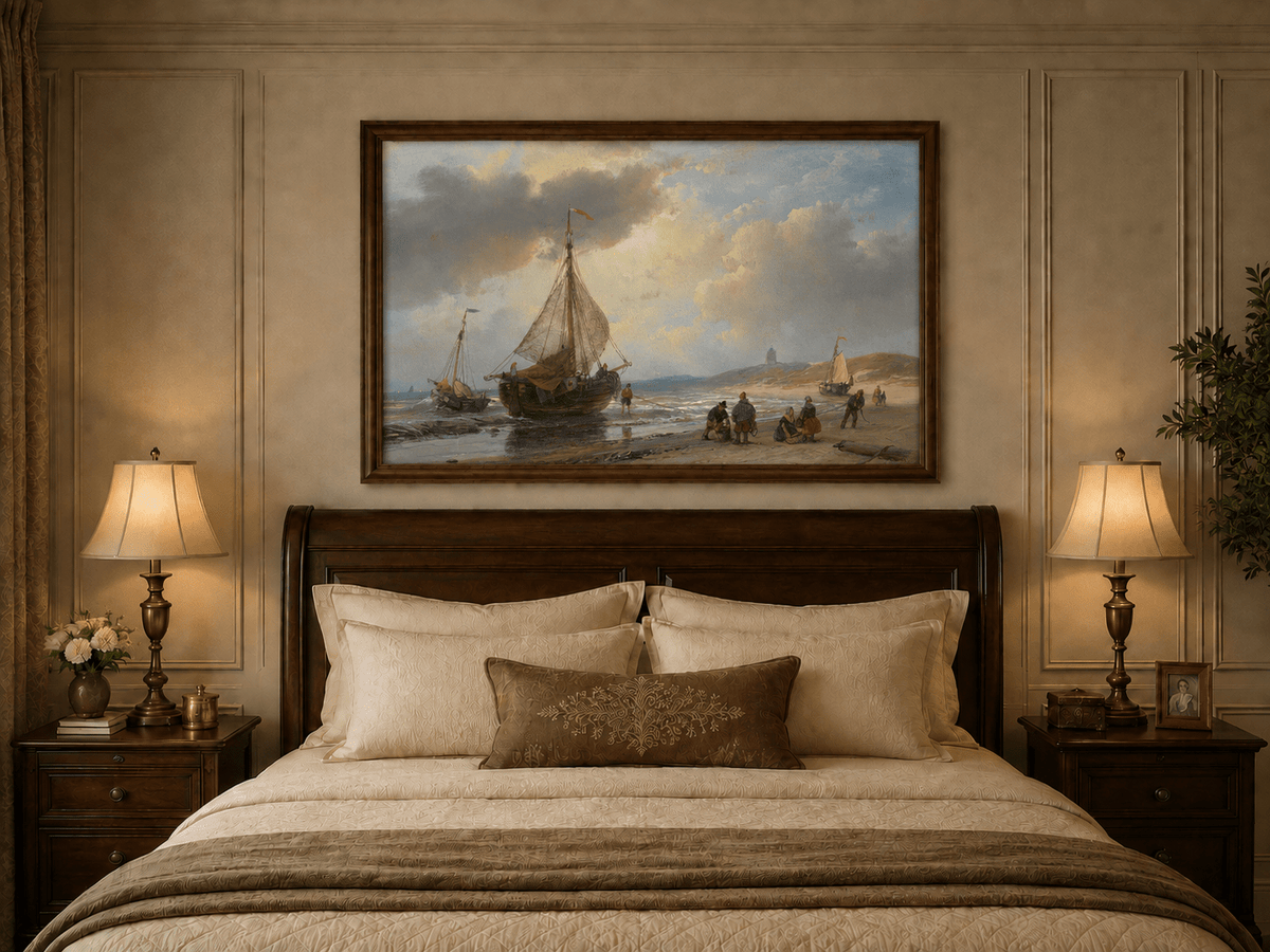 Landscape Oil Painting - Coastal Fishing Boats on Sandy Shore
