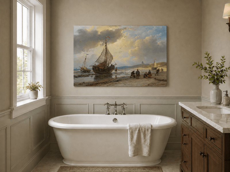 Landscape Oil Painting - Coastal Fishing Boats on Sandy Shore