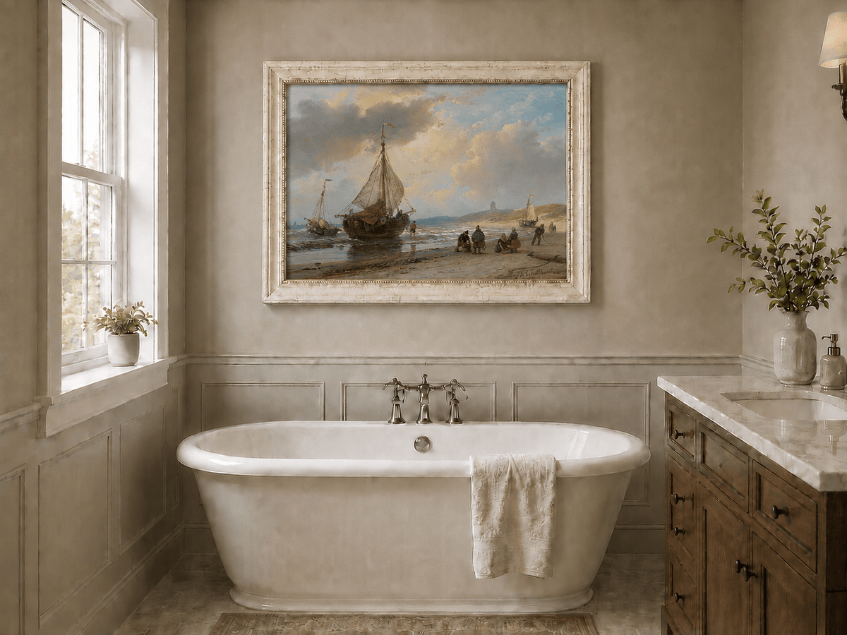 Landscape Oil Painting - Coastal Fishing Boats on Sandy Shore