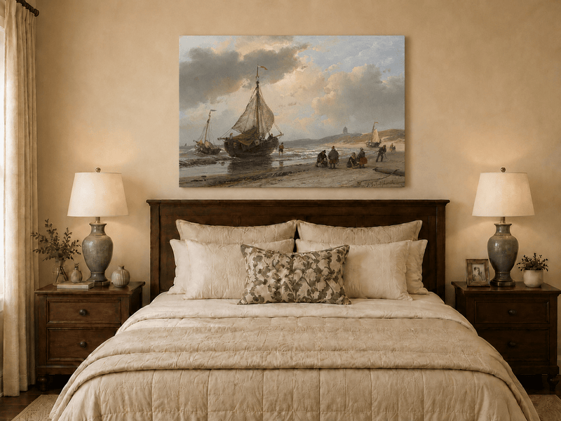 Landscape Oil Painting - Coastal Fishing Boats on Sandy Shore