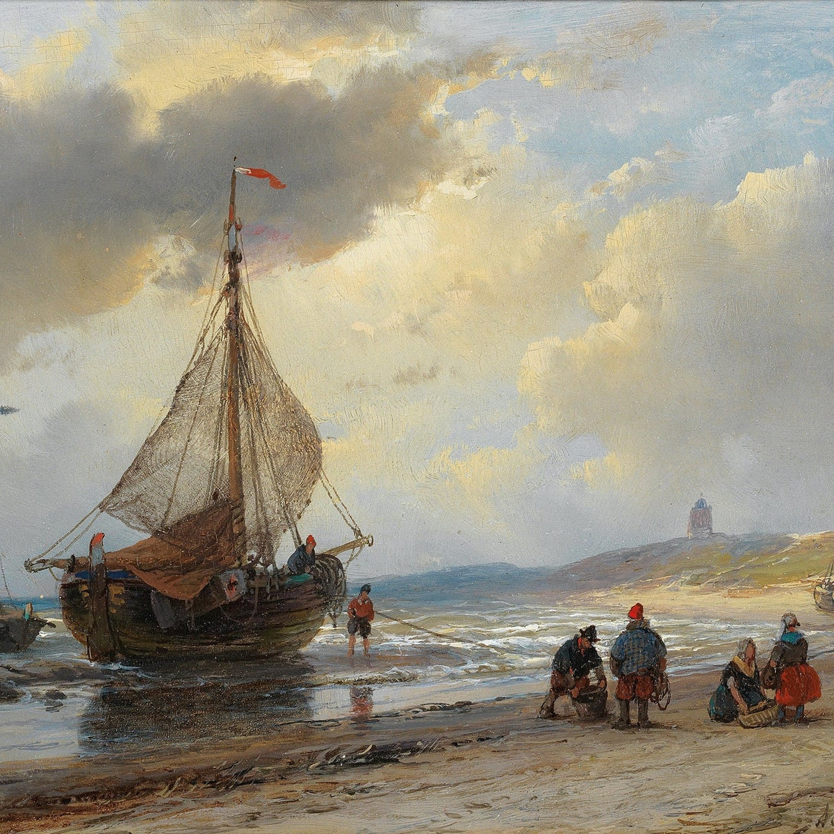 Landscape Oil Painting - Coastal Fishing Boats on Sandy Shore - Oil Painting Haven