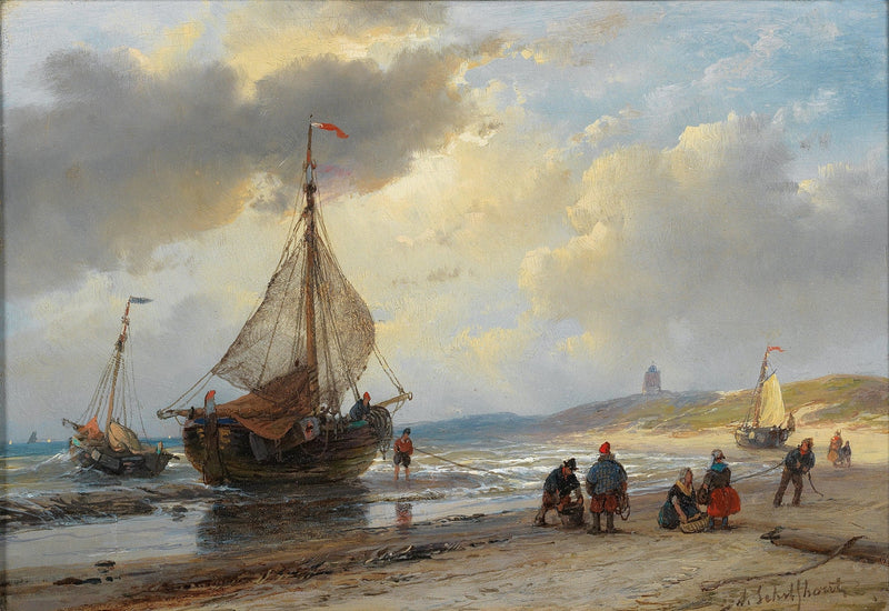 Landscape Oil Painting - Coastal Fishing Boats on Sandy Shore - Oil Painting Haven