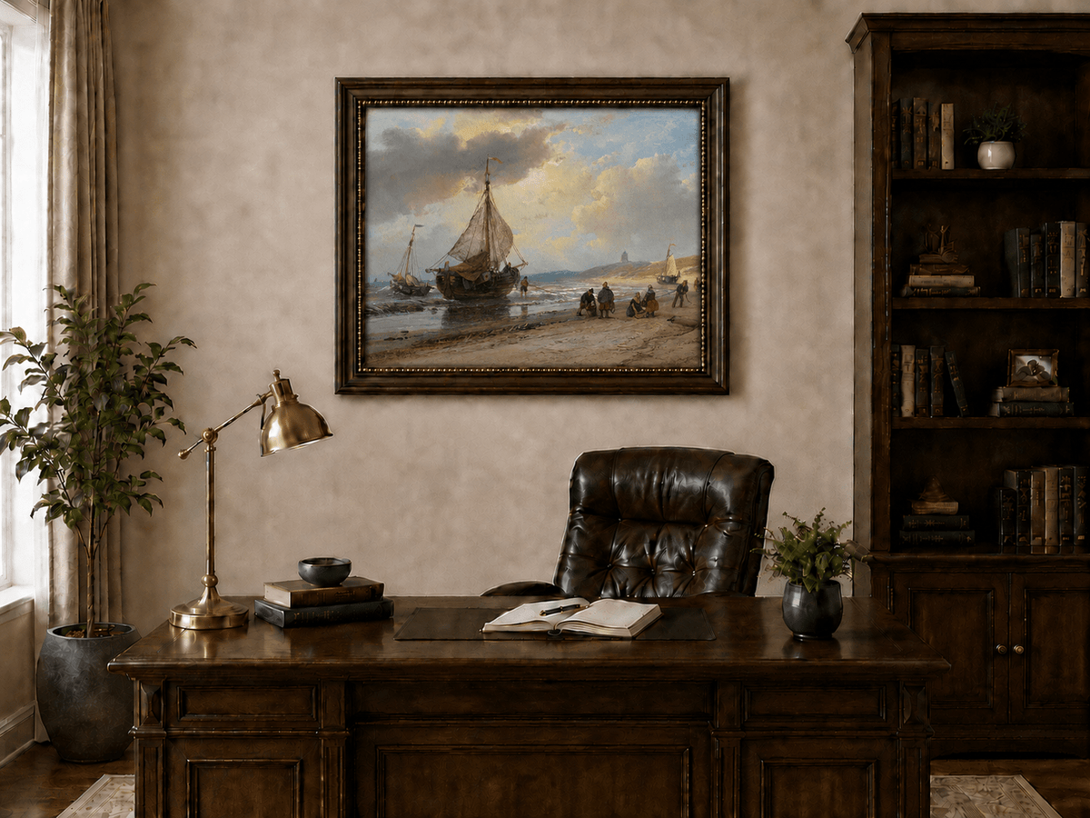 Landscape Oil Painting - Coastal Fishing Boats on Sandy Shore