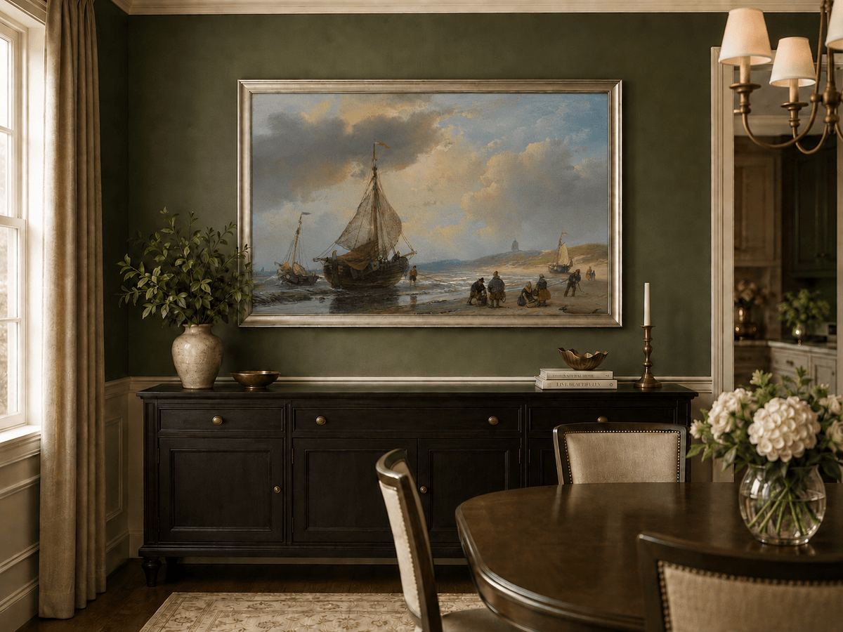 Landscape Oil Painting - Coastal Fishing Boats on Sandy Shore