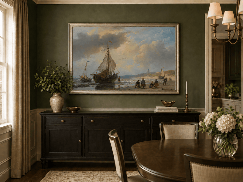 Landscape Oil Painting - Coastal Fishing Boats on Sandy Shore