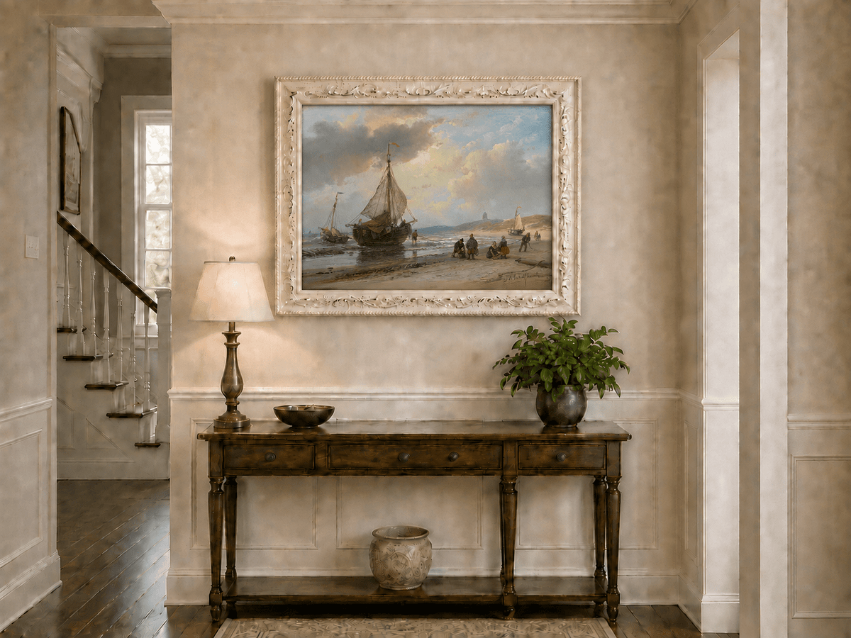 Landscape Oil Painting - Coastal Fishing Boats on Sandy Shore