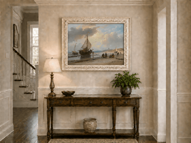 Landscape Oil Painting - Coastal Fishing Boats on Sandy Shore
