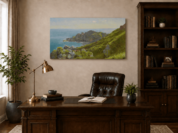 Unframed hand-painted coastal landscape oil painting with green hills, rocky headland and ocean displayed above a traditional home office desk.