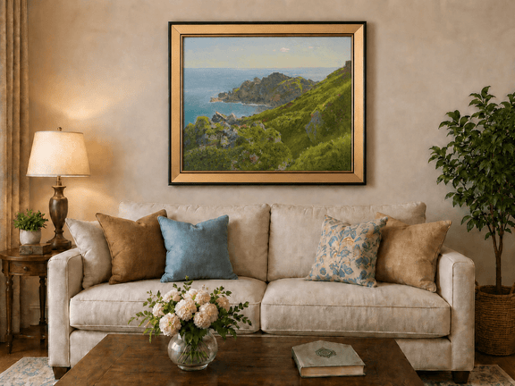 Framed hand-painted coastal landscape oil painting with green hills, rocky headland and ocean displayed above a neutral living room sofa.
