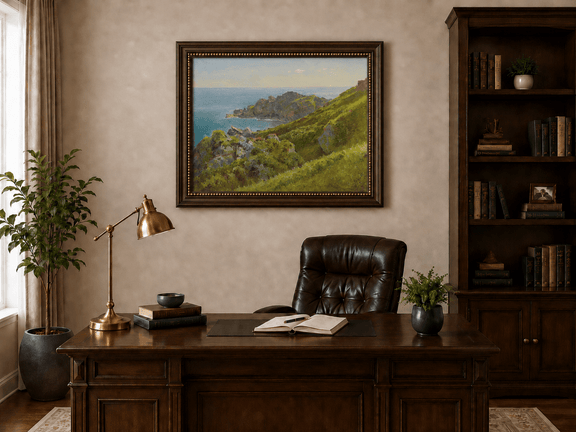 Framed hand-painted coastal landscape oil painting with green hills, rocky headland and ocean displayed above a traditional home office desk.