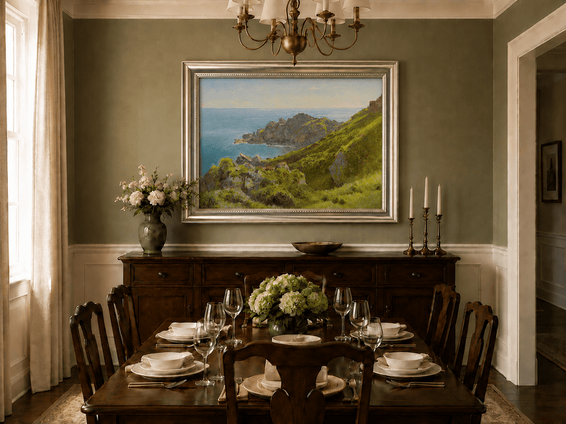 Framed hand-painted coastal landscape oil painting with green hills, rocky headland and ocean displayed above a formal dining table.