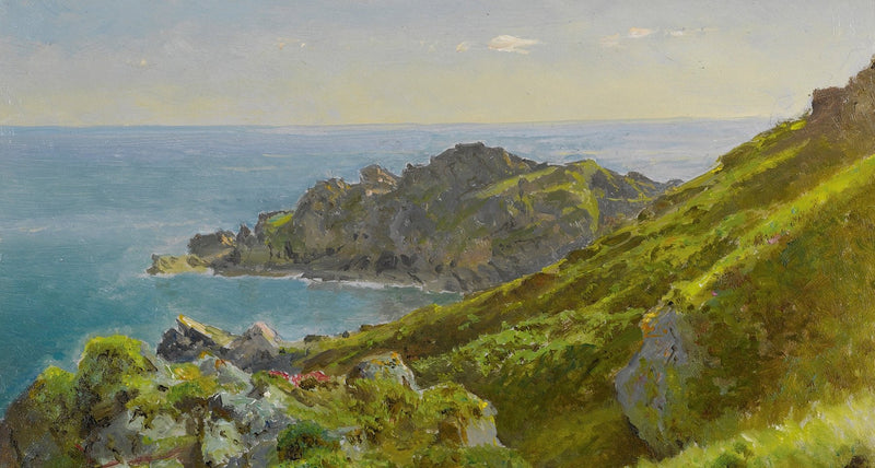 Landscape Oil Painting - Coastal Green Hills, Rocky Headland & Ocean - Oil Painting Haven