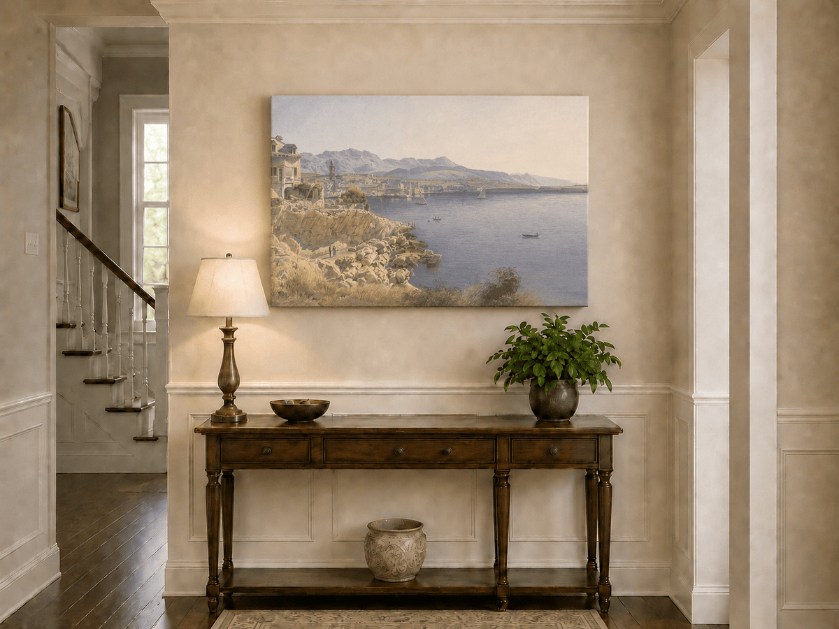 Landscape Oil Painting - Coastal Harbor and Distant Mountains